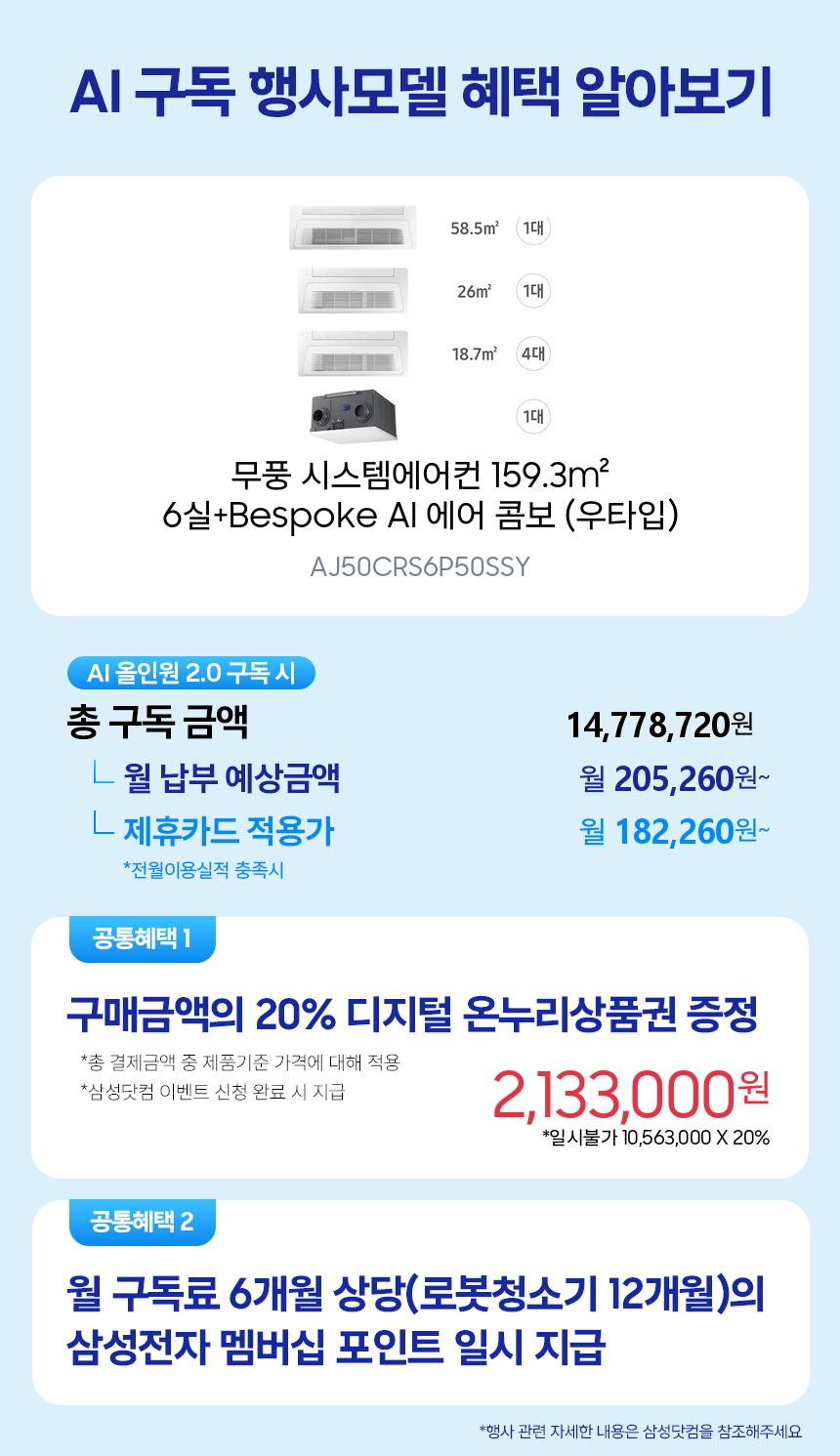 AJ50CRS6P50SSY 무풍 시스템에어컨 159.3㎡ 6실+Bespoke AI 에어 콤보 (우타입) 구독 시뮬레이션